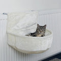 Iron frame cat hammock with soft fleece lining in grey, attached to a cage for a small cat.