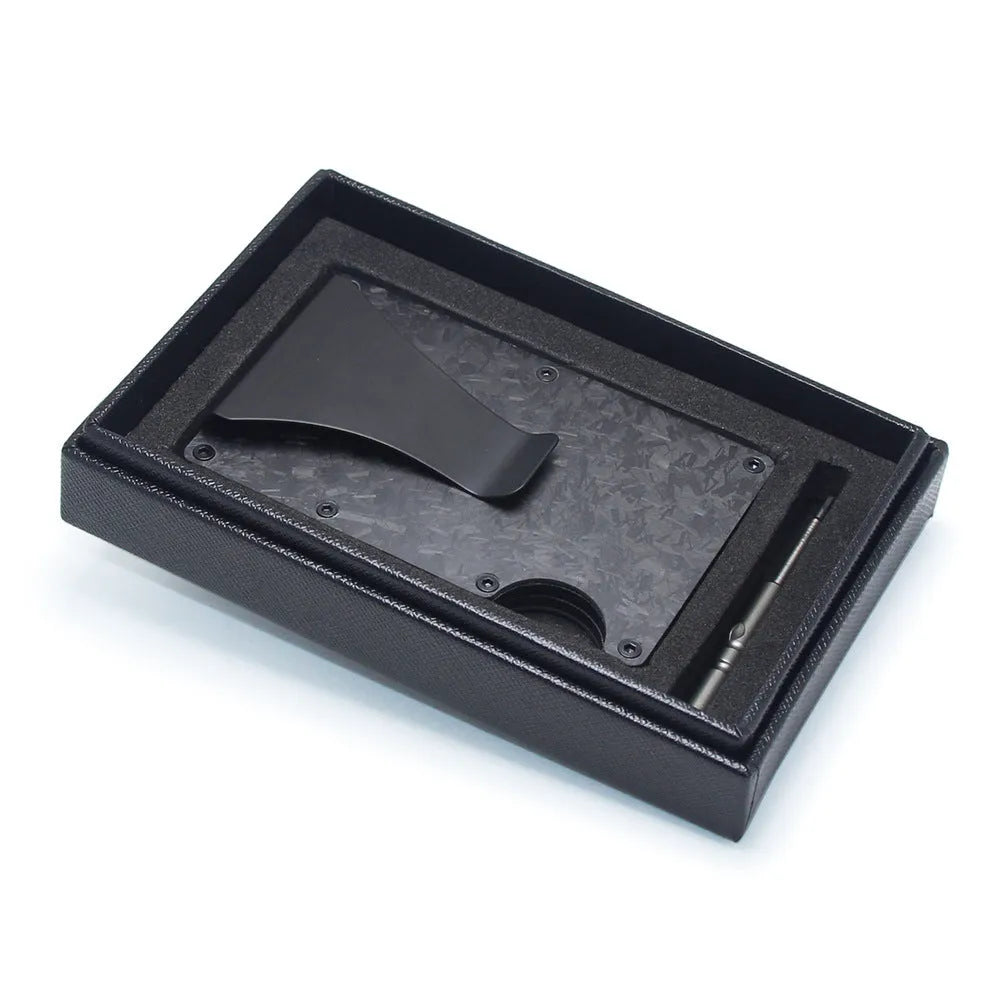CH6600 geometric card holder in black carbon fibre showing slim 8mm profile and card slots.