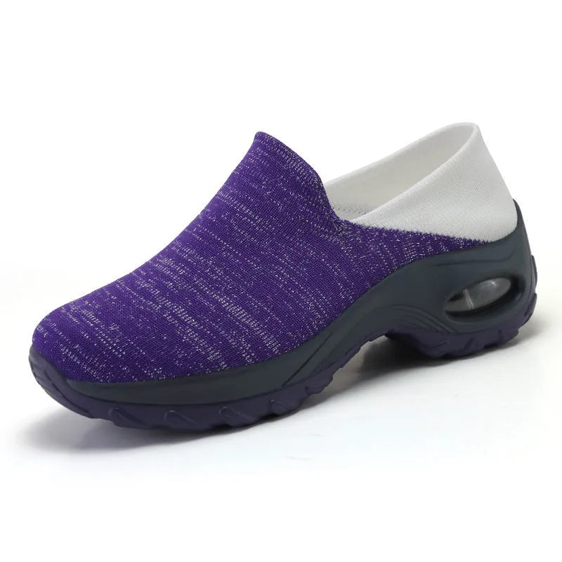 Lightweight non-slip walking shoes for elderly in blue with thick rocking sole and round toe