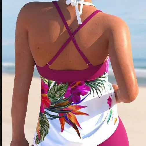Women's purple red and green large flower print split swimsuit with chest pad support.