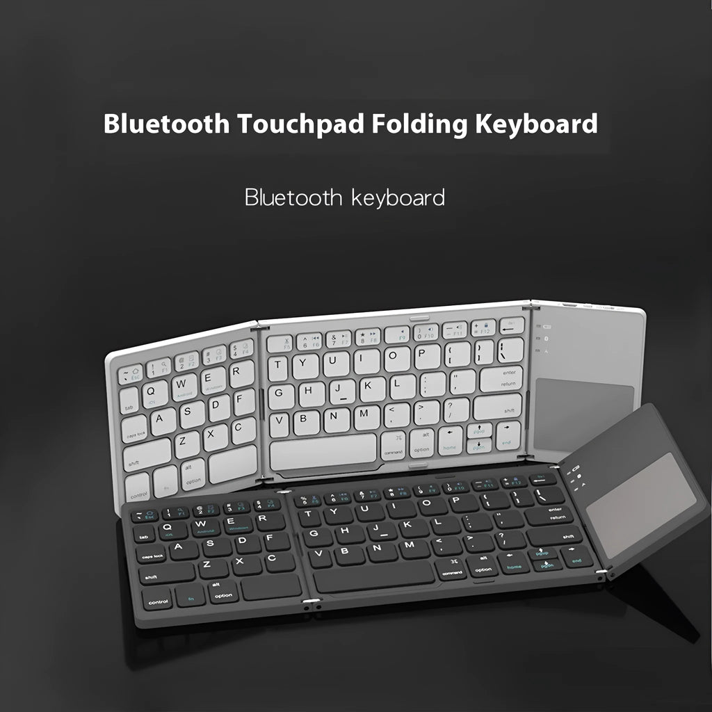 Tri-fold Bluetooth keyboard in black colour showing folded and unfolded positions