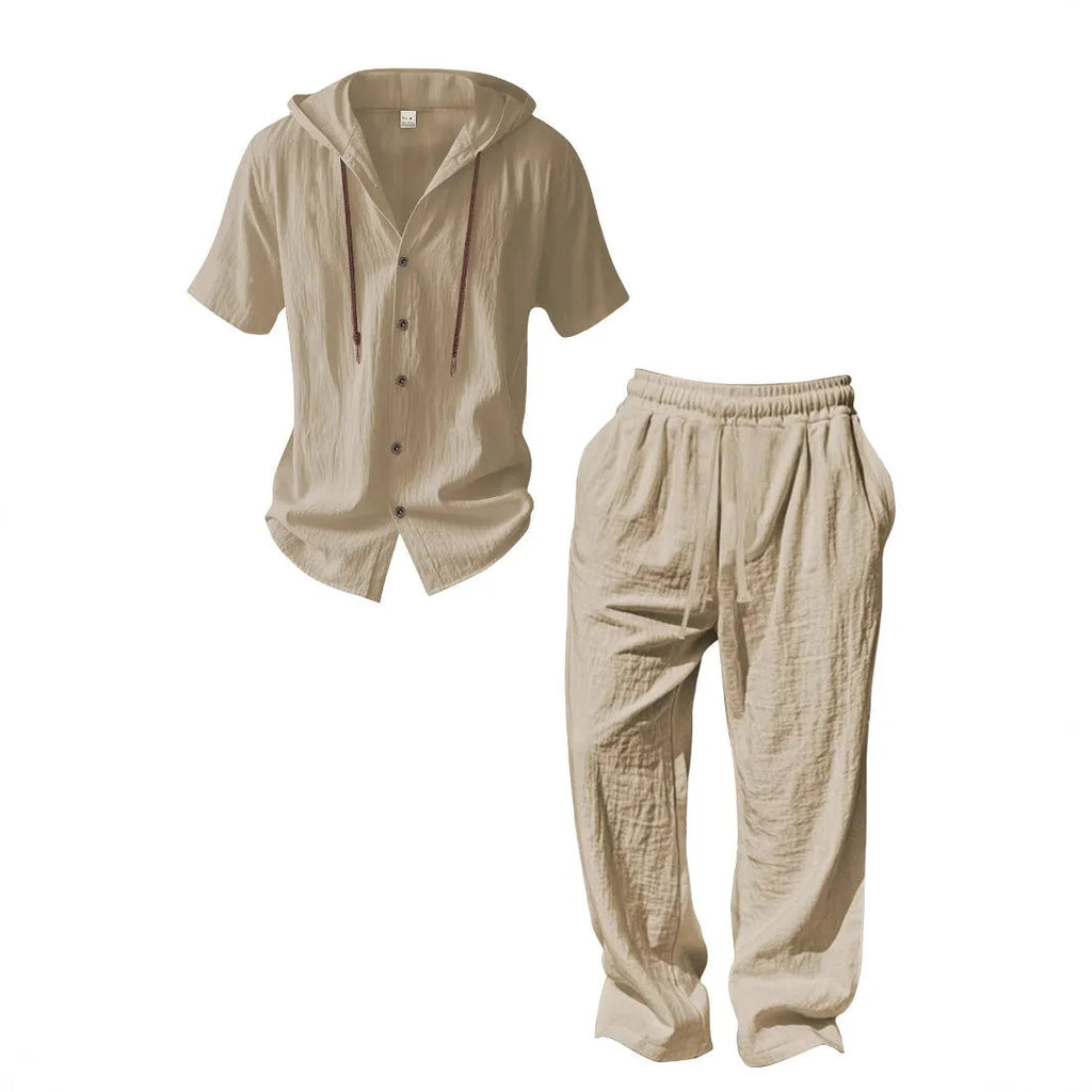 Men's grey cotton casual sports suit showing long sleeve top and trousers laid flat.