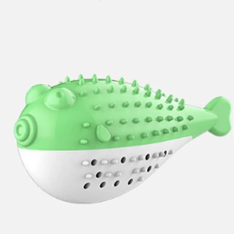 Blue silicone fish-shaped cat chew toy on a white background.