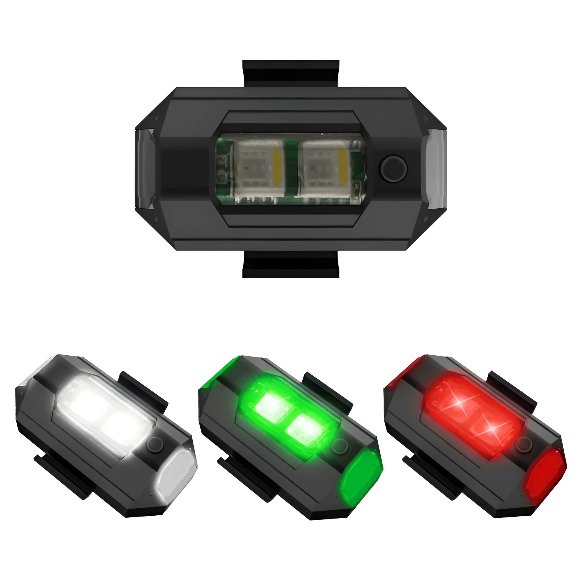 Drone strobe signal light with RGB LEDs next to Type-C charging cable and roll of mounting tape.