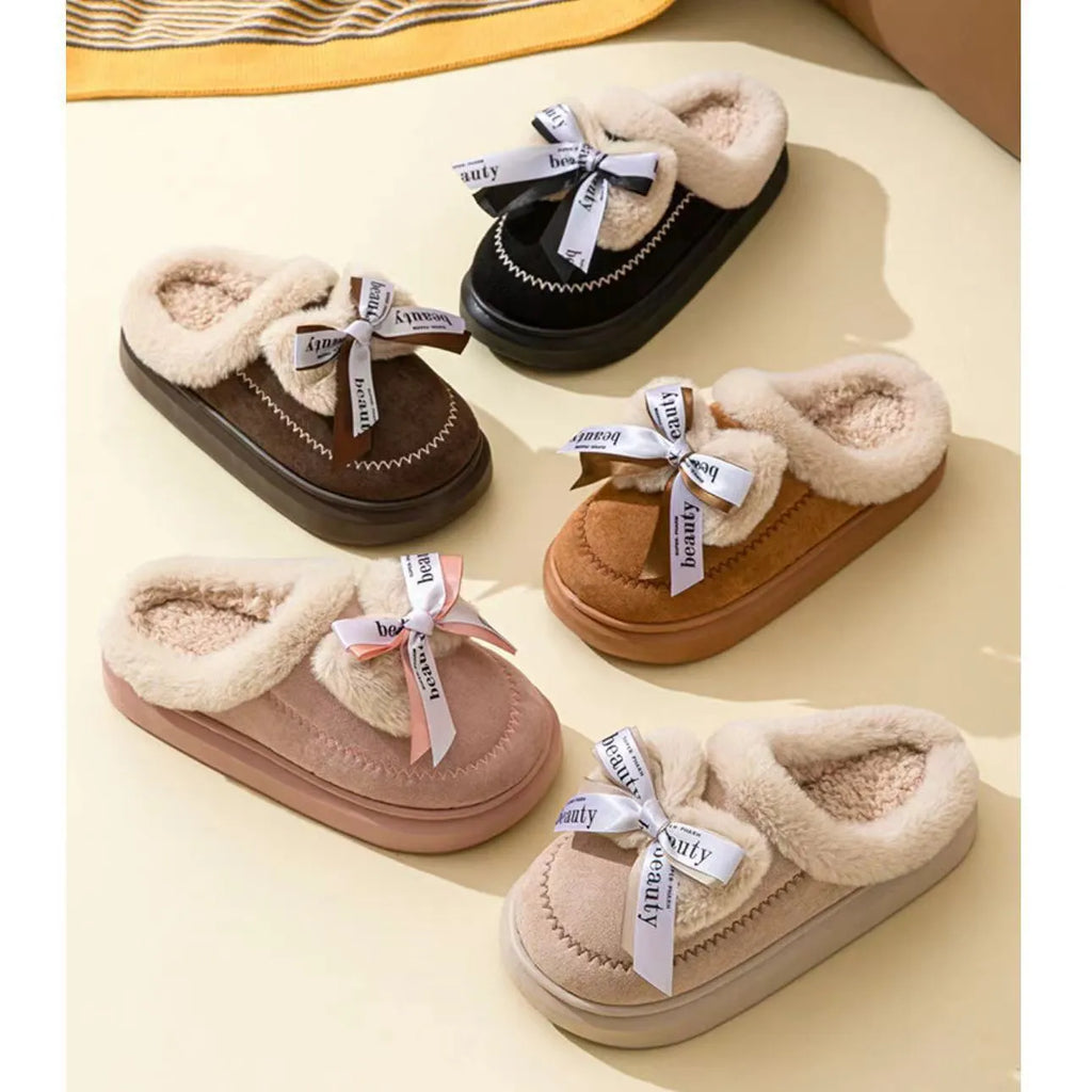 Women's beige cotton half slippers with ribbon bow design and thick EVA sole