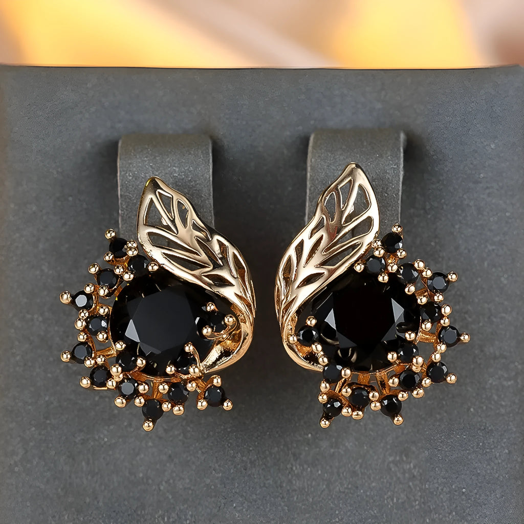 Rose gold round flower feather earrings with a choice of coloured zircon stones.