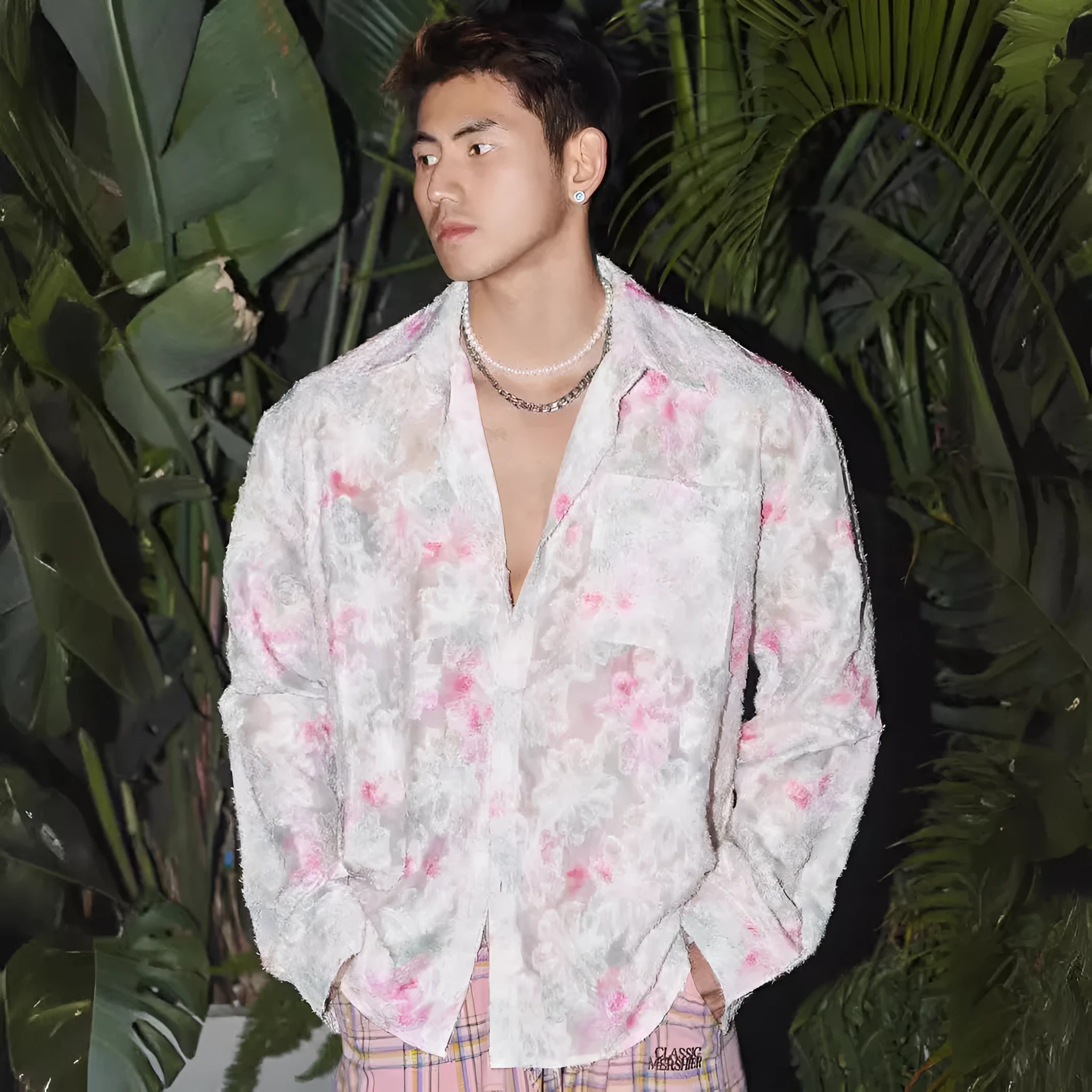 Floral long sleeve shirt with embossed pattern in blue and pink colours, loose fit for spring summer.