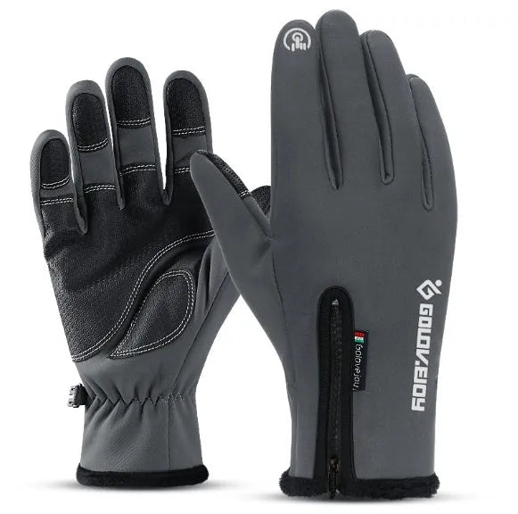 Winter thermal fleece motorcycle gloves with zipper and touch screen fingers on black background