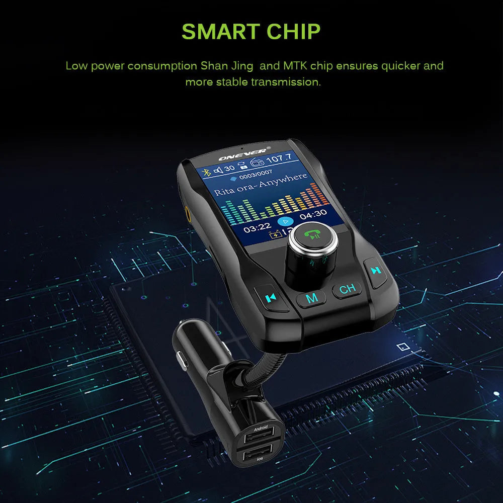 Black in-car Bluetooth FM transmitter with colour screen showing voltage, plugged into a car power socket.