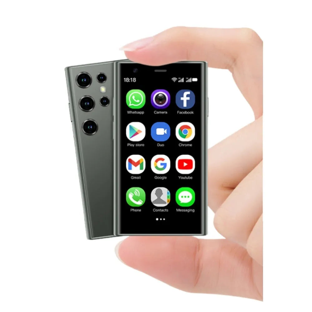 Black, green, and pink purple S23PRO XS15 mini smartphone with 3-inch screen on a straight plate.