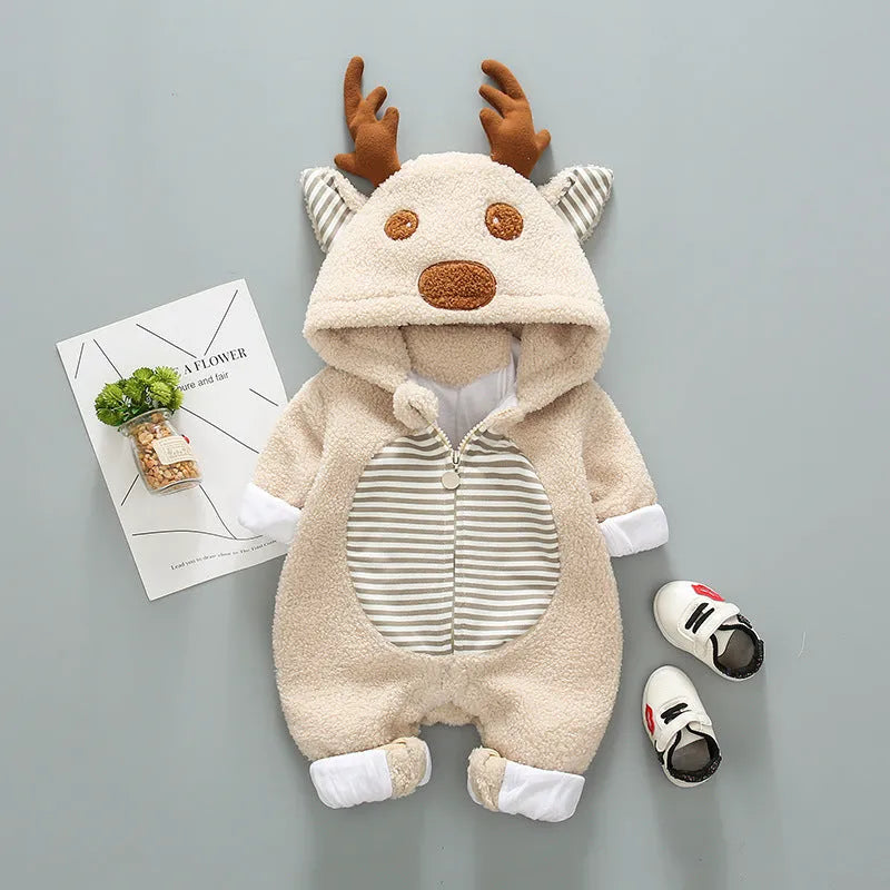 Long sleeve cotton baby romper with lace-up chest closure in khaki, pink or white.