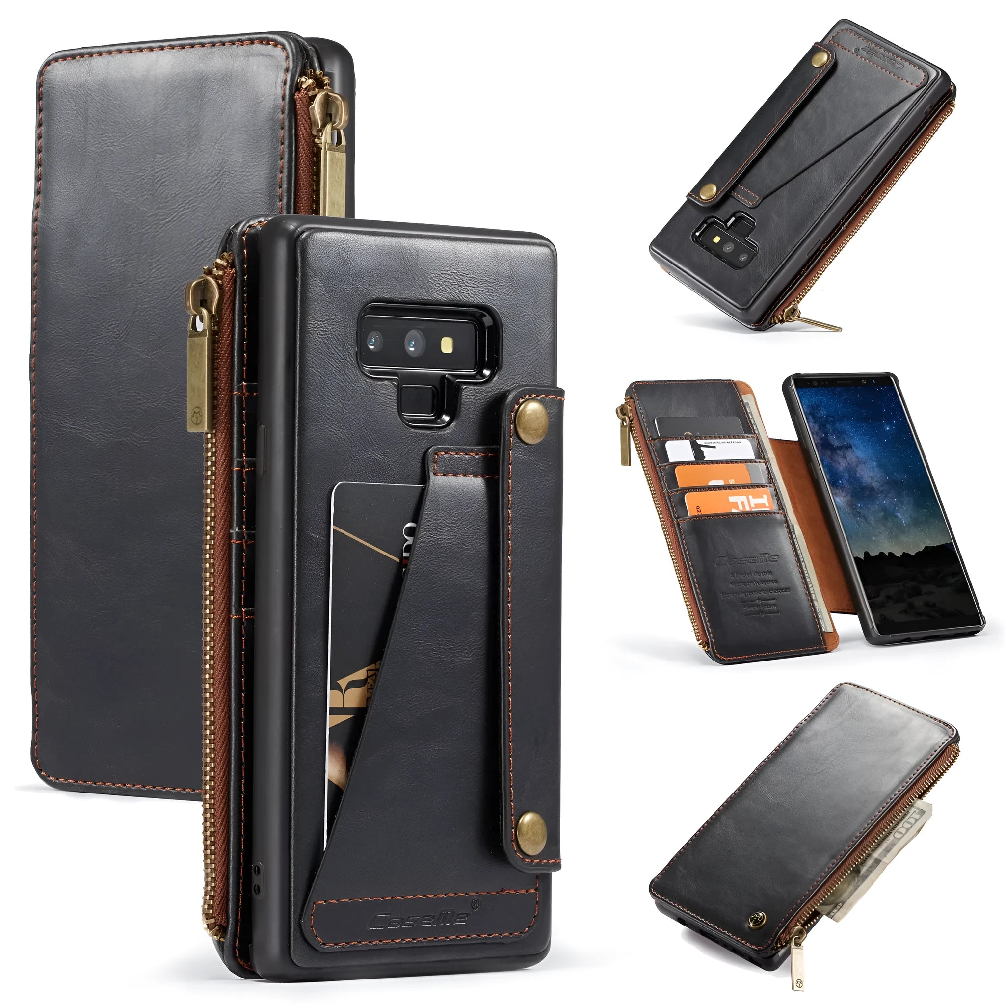 Samsung Note9 leather flip phone case in black, brown, and red colour options showing flip cover design