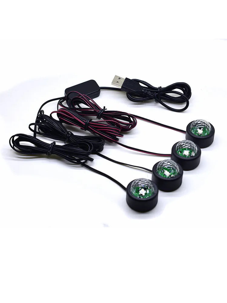 Car LED foot sole atmosphere light in colourful loop mode showing red, green, blue, purple, white, ice blue, and yellow