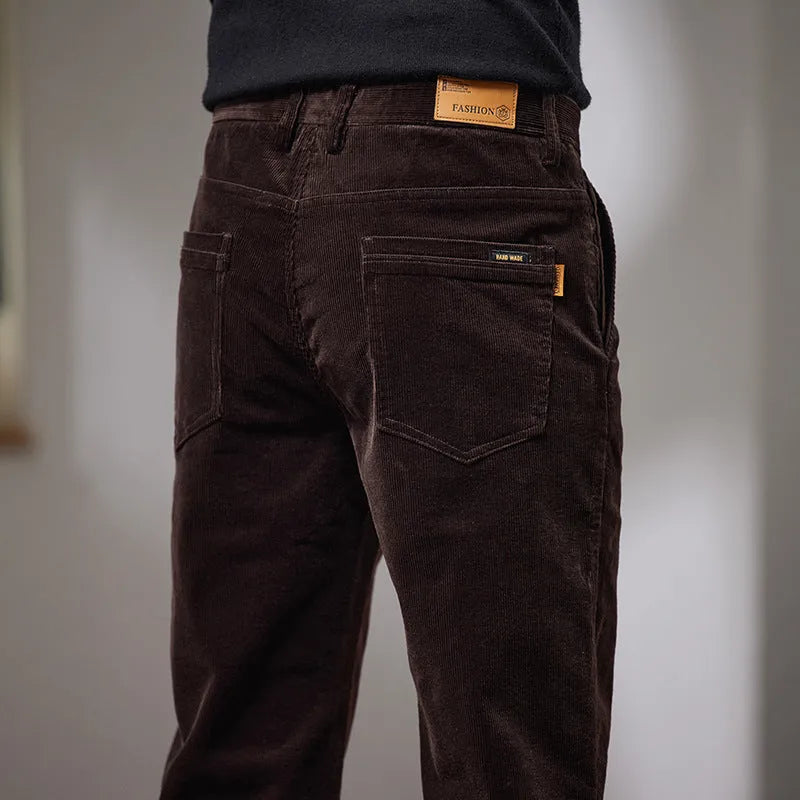 Slim fit straight corduroy trousers in cotton for men, mid waist, available in black, dark gray, navy blue, brown