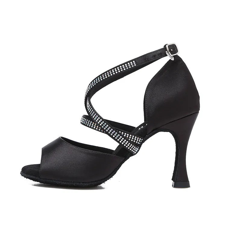 Women's Latin dance shoes in black with hot drilling detail, soft bottom, and leather sole, sizes 34 to 45