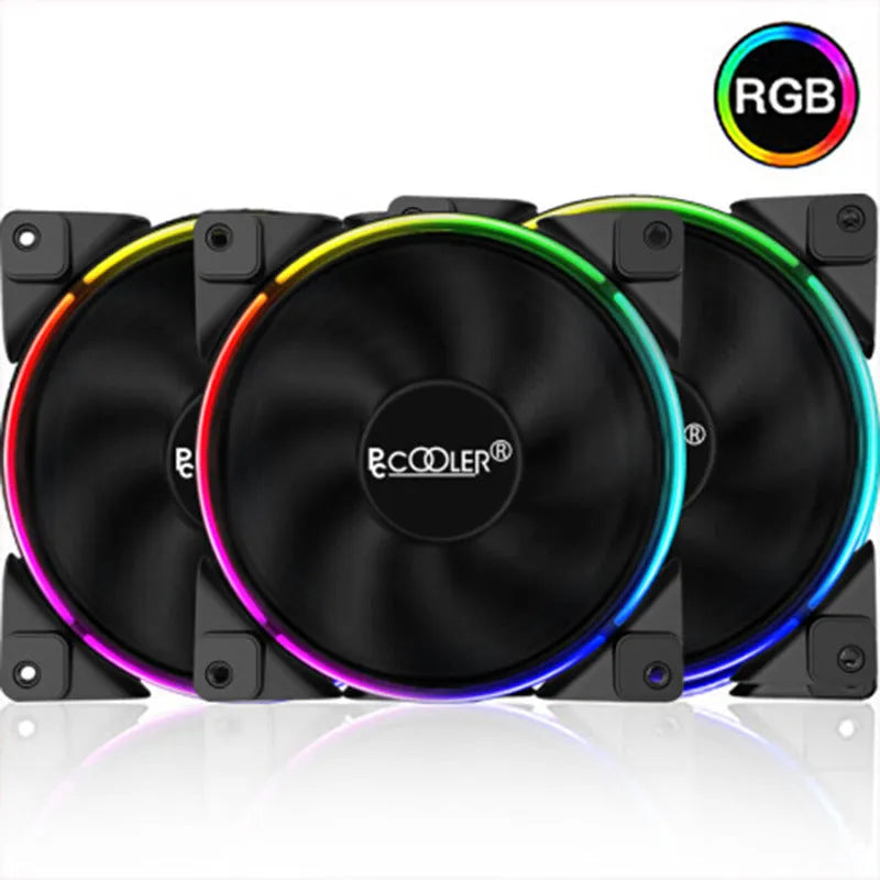 Set of three black 120mm ARGB PC cooling fans with illuminated blades.