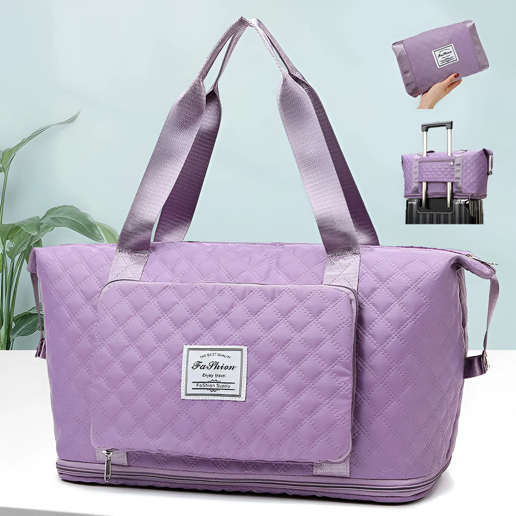Foldable Oxford cloth travel duffle bag in solid colour with rhombus sewing design and shoulder strap