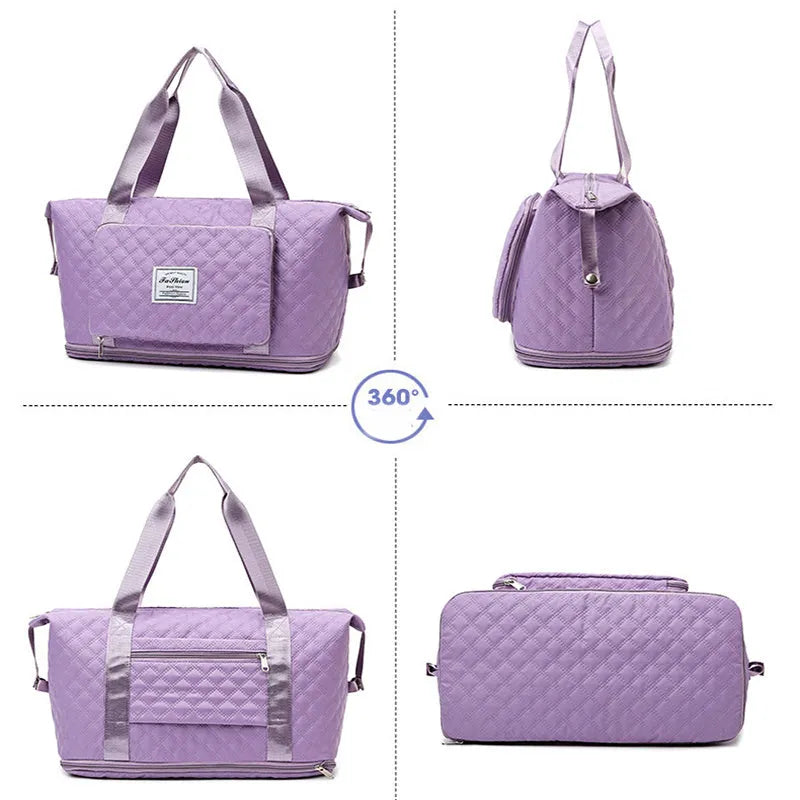 Foldable Oxford cloth travel duffle bag in solid colour with rhombus sewing design and shoulder strap