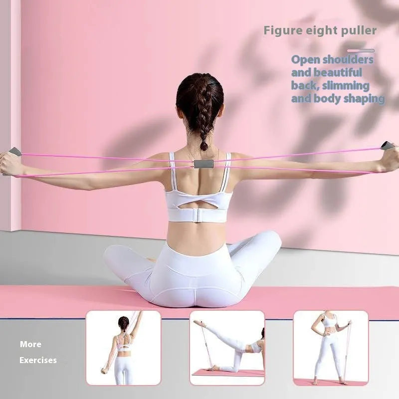 Yoga four-piece set with leg stretching device, yoga ring, pedal puller, and figure-eight tension rope on a grey background.