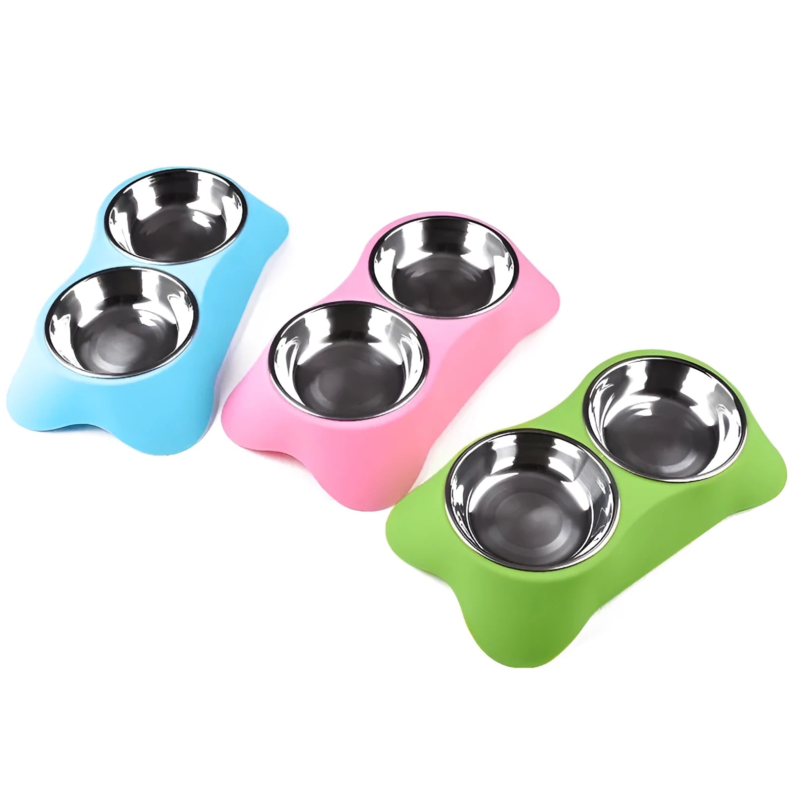 Sunscreen silicone pet double bowl with non-slip base, stainless steel interior, available in Blue, Green, and Rose Red