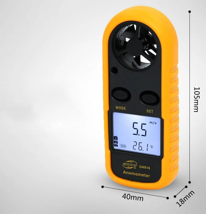 Biaozhi GM816 orange handheld digital anemometer displaying wind speed