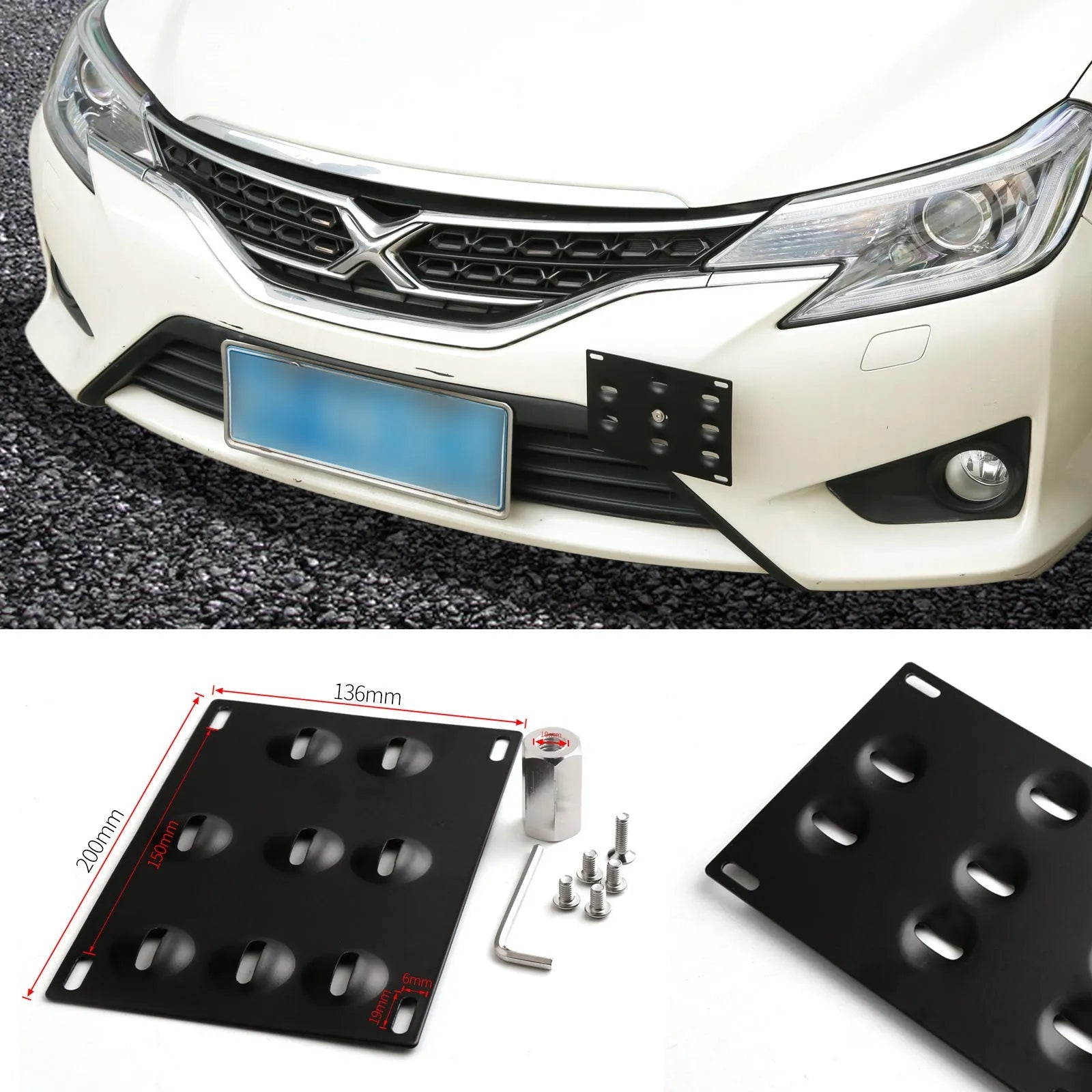 American license plate frame with integrated trailer hook for car modification, 21x10 cm metal construction