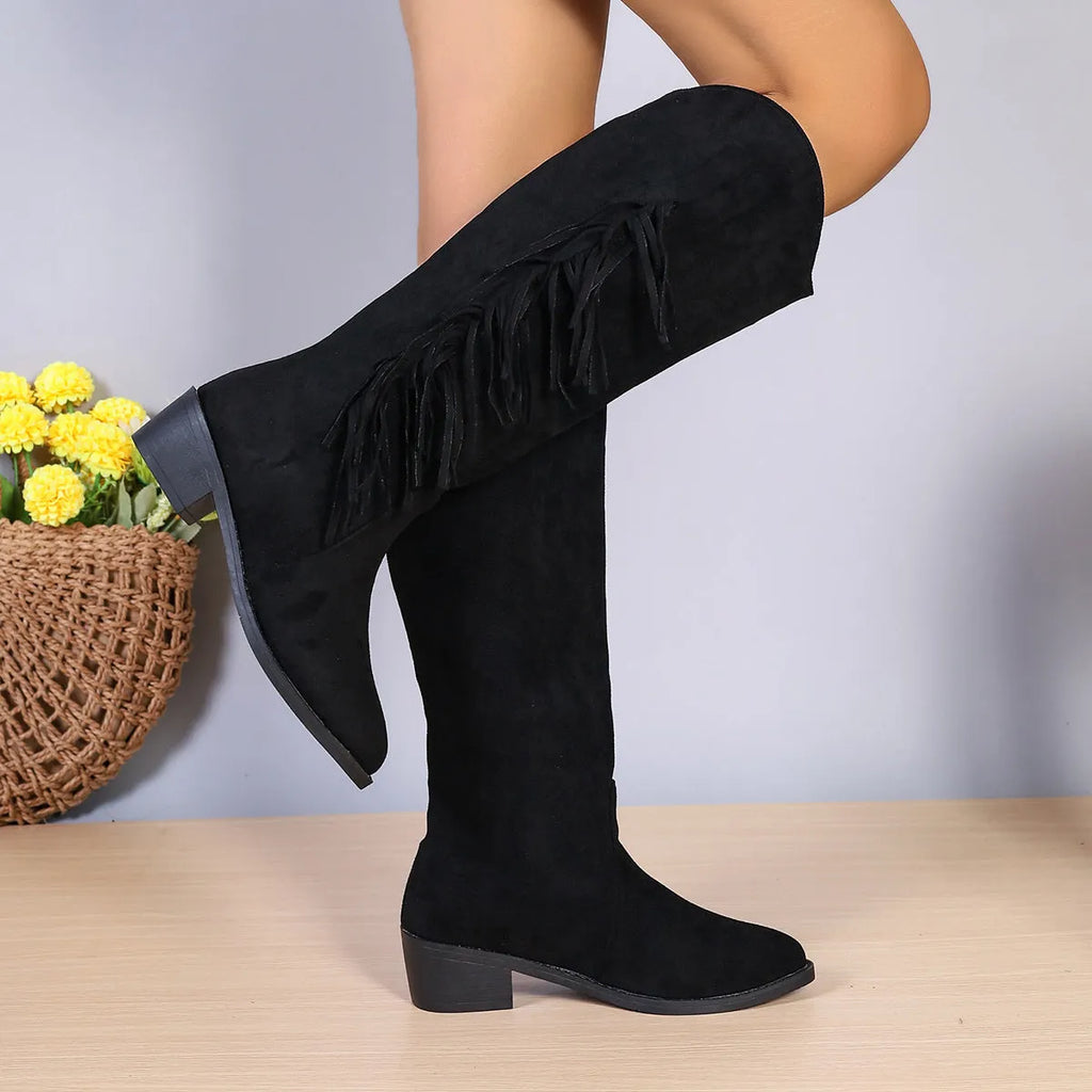 Women's brown fringe chunky heel suede tassel boots with pointed toe, slip-on style