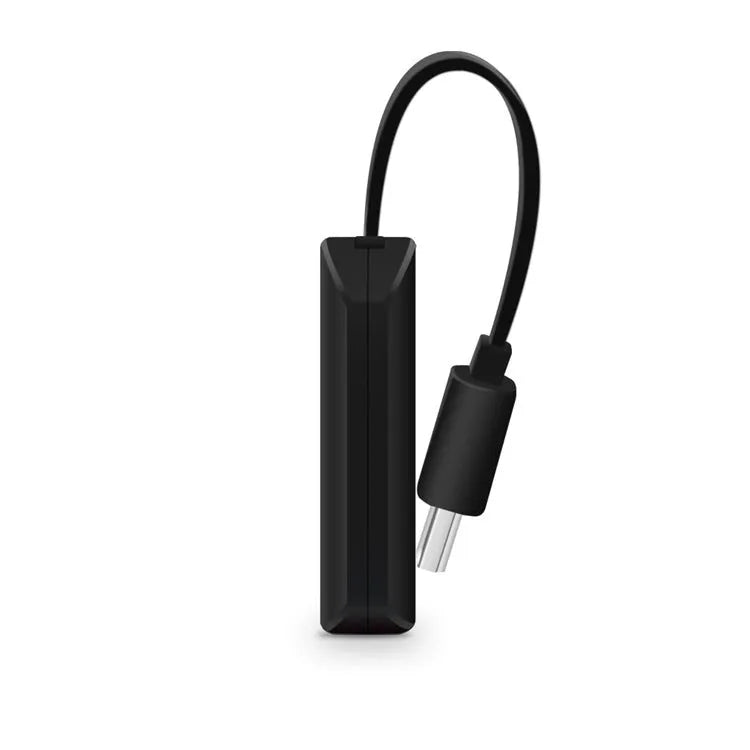 Small black USB TV dongle for HDMI smartphone screen mirroring and HD video playback.