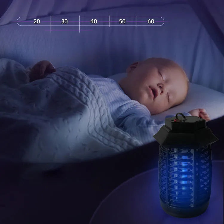 Black aromatherapy mosquito lamp with UV light tube and metal grid for indoor insect control.