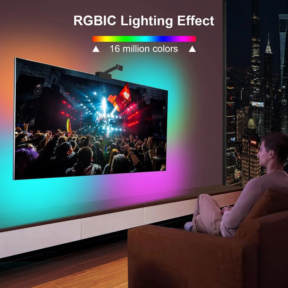 Black smart TV LED backlight strip with camera controller for screen sync and remote control