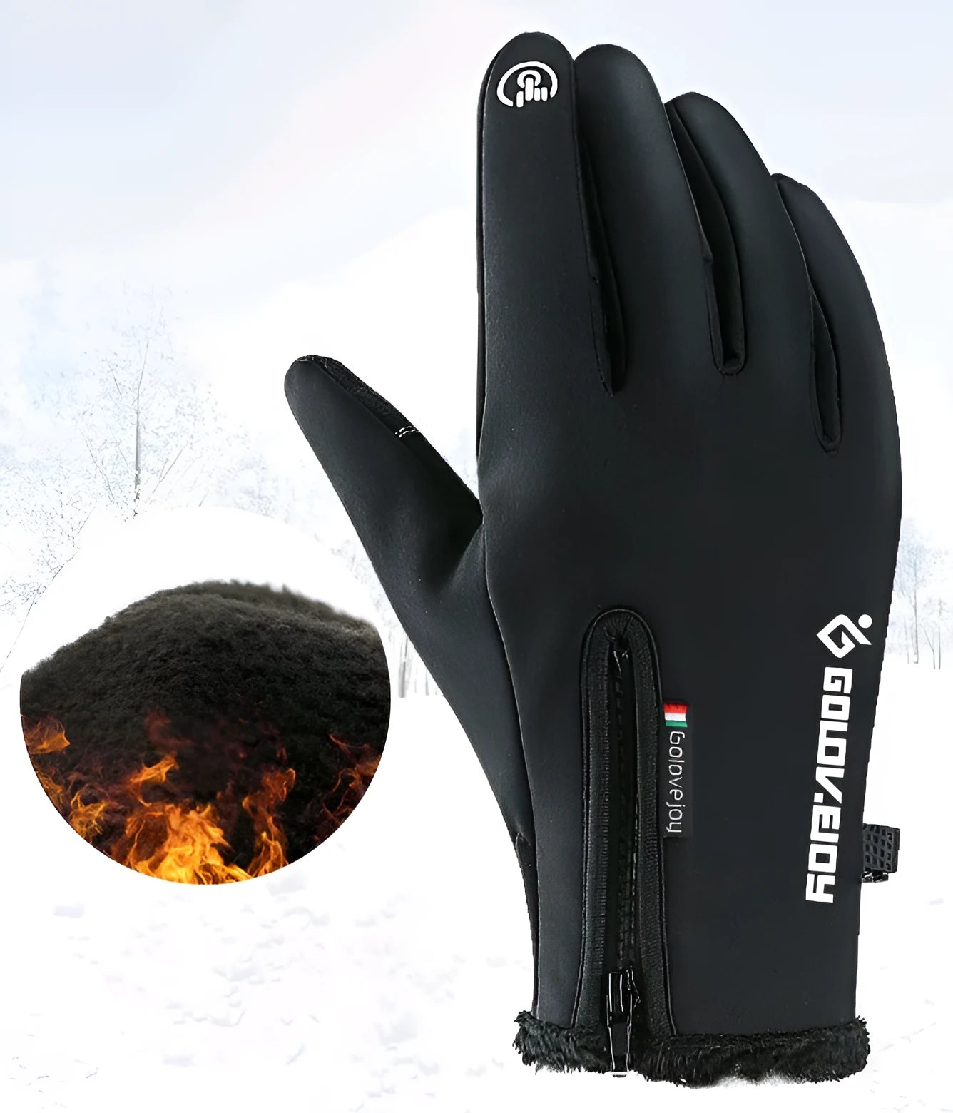 Winter thermal fleece motorcycle gloves with zipper and touch screen fingers on black background