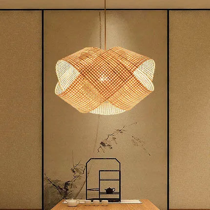 Bamboo woven rattan ceiling lamp in new Chinese style with adjustable height for restaurant lighting
