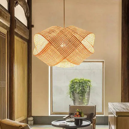 Bamboo woven rattan ceiling lamp in new Chinese style with adjustable height for restaurant lighting