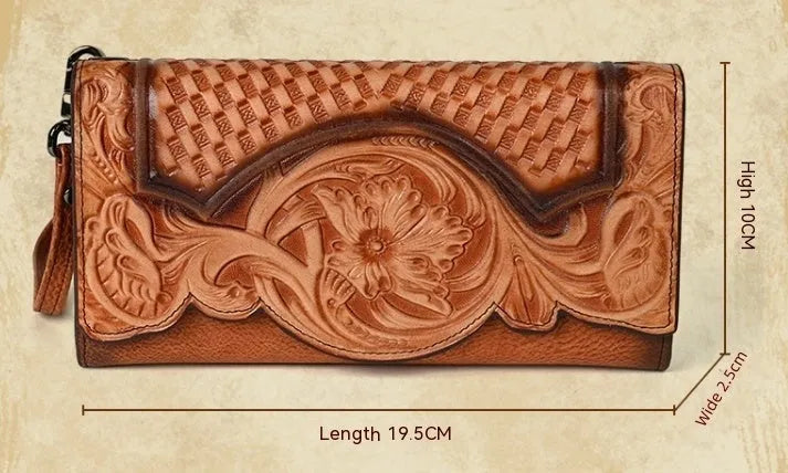Retro brown women's tri-fold wallet with deep embossed floral pattern, shown open to reveal compartments.