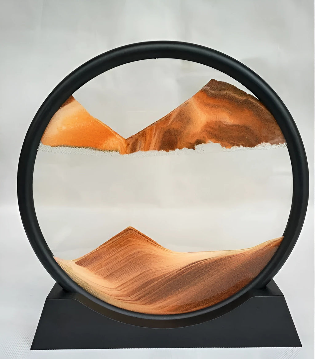 Glass quicksand painting hourglass ornament with fine coloured sand in a polished glass frame