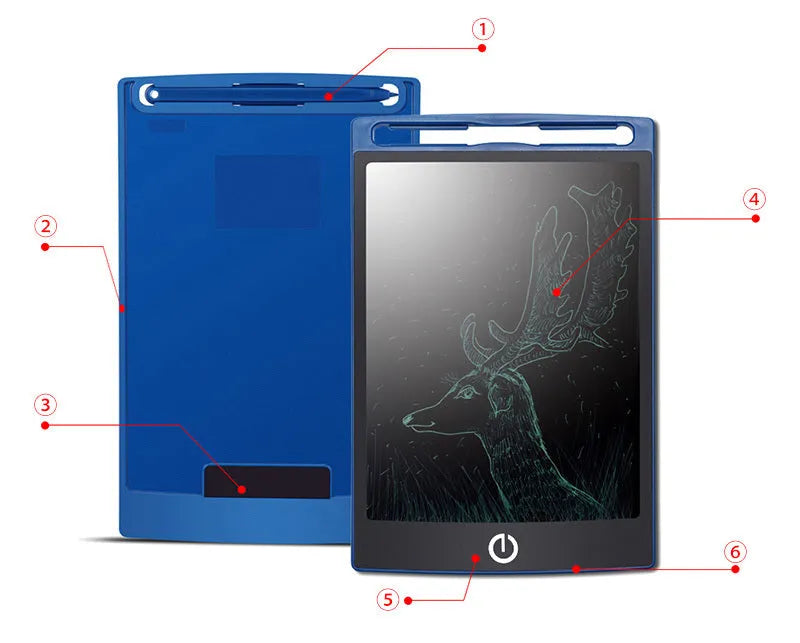 LCD drawing tablet with blue-green bold font display, ABS frame, erase button, and stylus