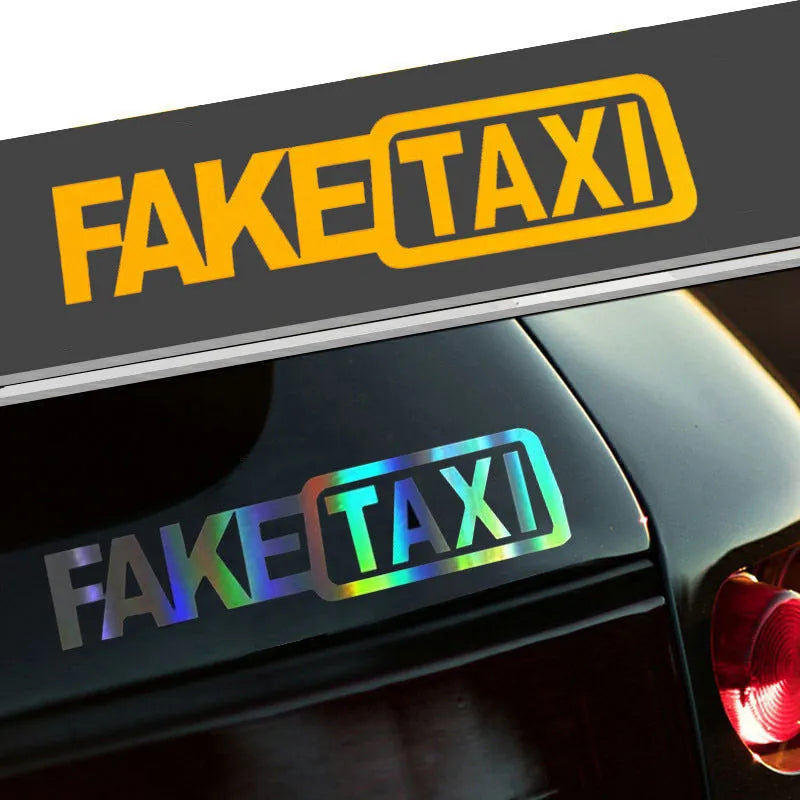 FAKE TAXI text car window sticker in yellow, 20cm by 8cm, made from waterproof PET material.