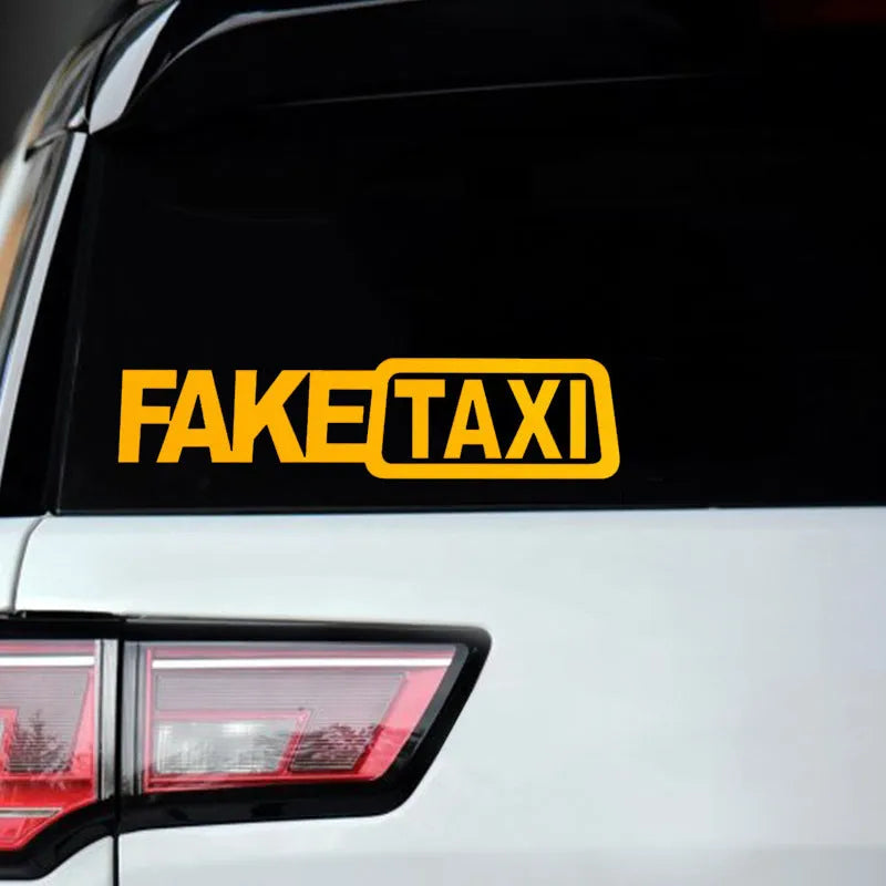 FAKE TAXI text car window sticker in yellow, 20cm by 8cm, made from waterproof PET material.