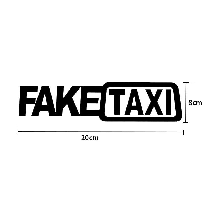 FAKE TAXI text car window sticker in yellow, 20cm by 8cm, made from waterproof PET material.