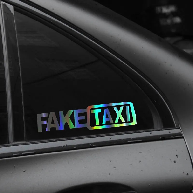 FAKE TAXI text car window sticker in yellow, 20cm by 8cm, made from waterproof PET material.