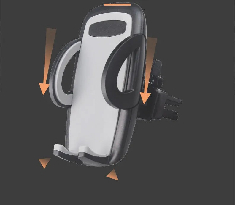 Black ABS plastic car air vent phone holder with adjustable gooseneck arm and universal phone clamp