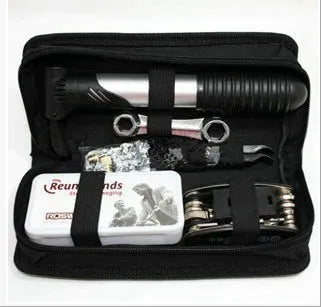 SNJUE black bicycle repair tool kit with chrome-plated socket wrenches, Allen keys, tyre films and mini pump