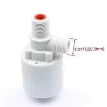 White automatic float valve made of nylon with threaded connection for water pipe installation.