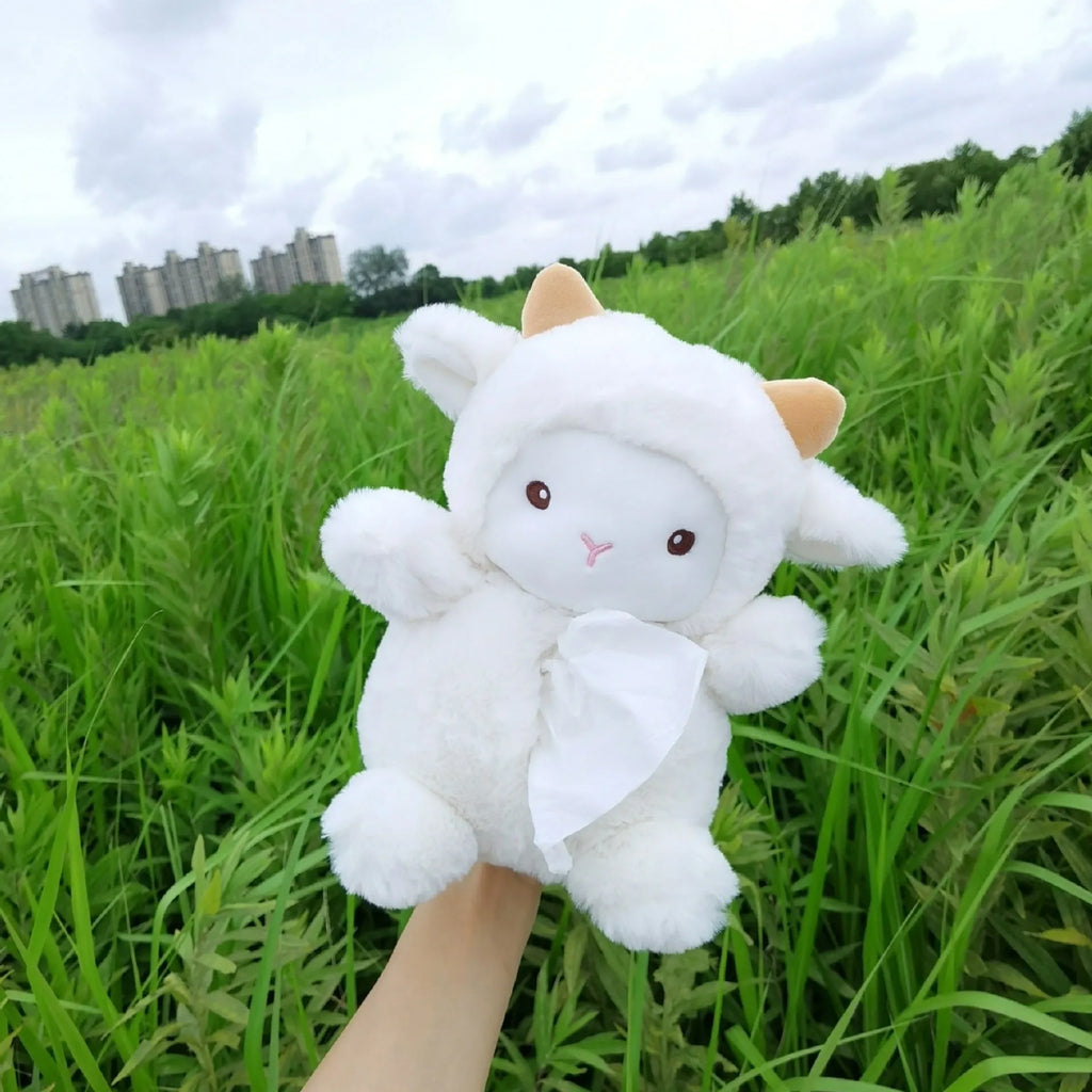 Cartoon lamb plush car tissue box cover for vehicle dashboard or home decoration.