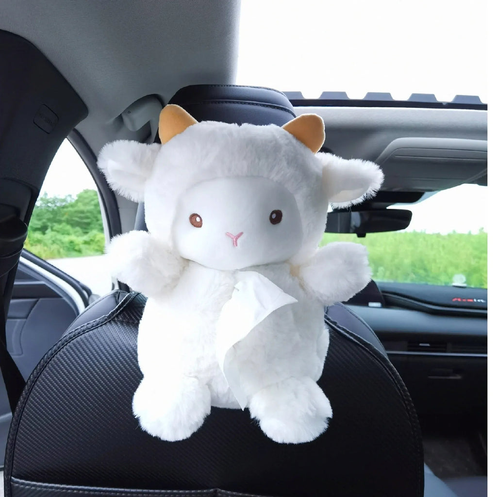 Cartoon lamb plush car tissue box cover for vehicle dashboard or home decoration.