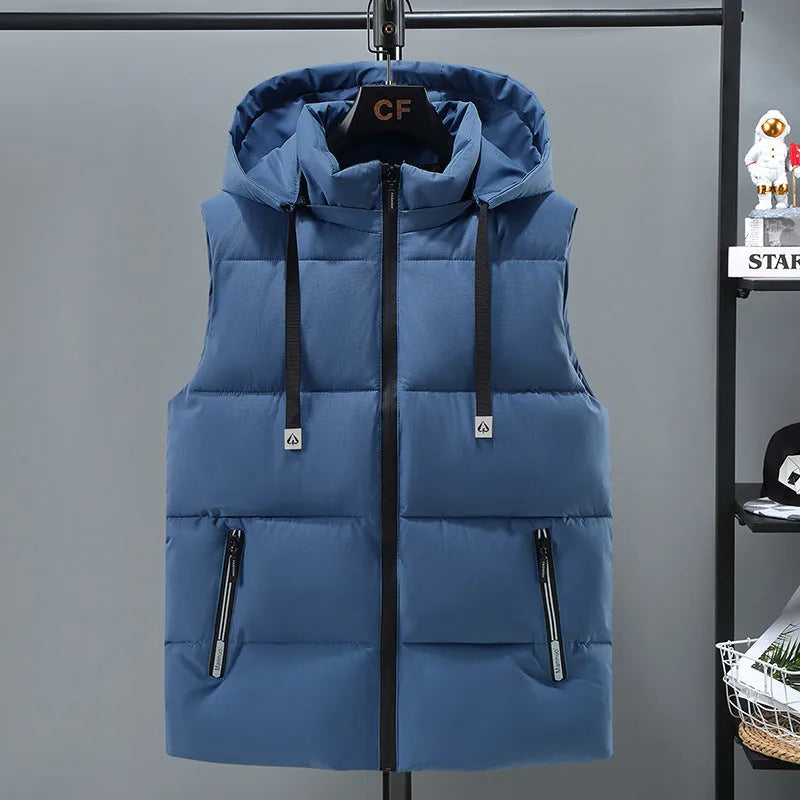 Men's solid colour thickened polyester vest with a removable hood, shown in blue.