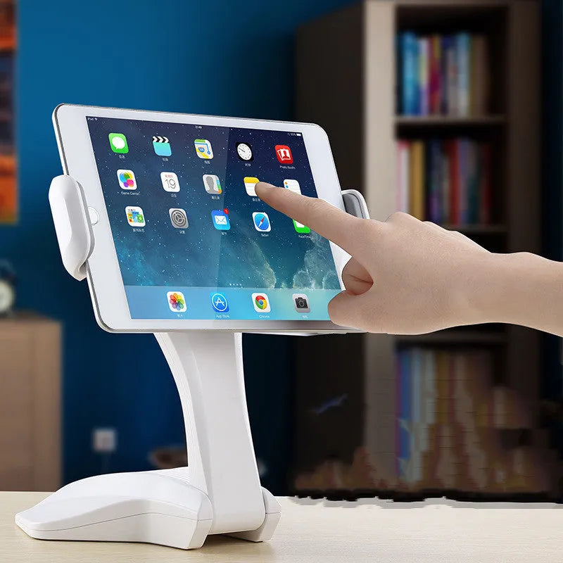 White adjustable tablet support stand with 250mm height showing clip extended to maximum 260mm width