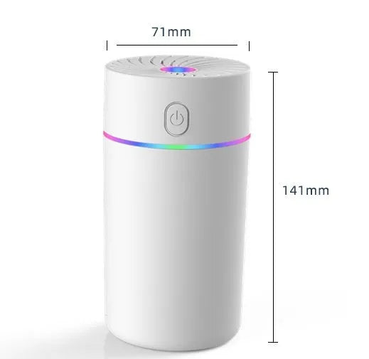 A small white or black USB car humidifier with aromatherapy function on a car dashboard.