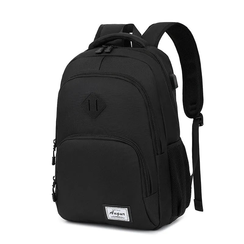 Light grey nylon backpack with USB charging port showing dimensions and trolley case attachment