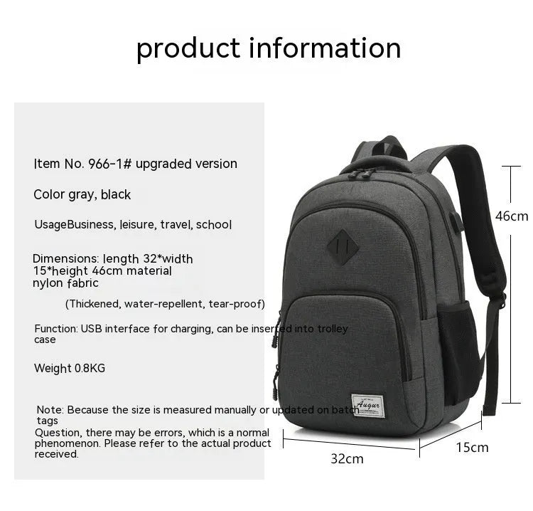 Light grey nylon backpack with USB charging port showing dimensions and trolley case attachment